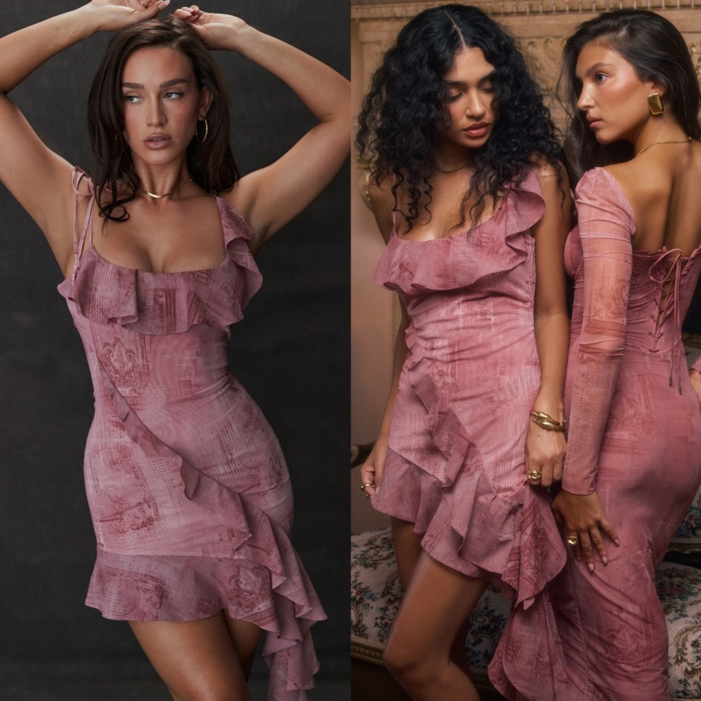 HOUSE OF CB 'Lyrah' Pink Print Ruffle Mini Dress - Picture 4 of 11